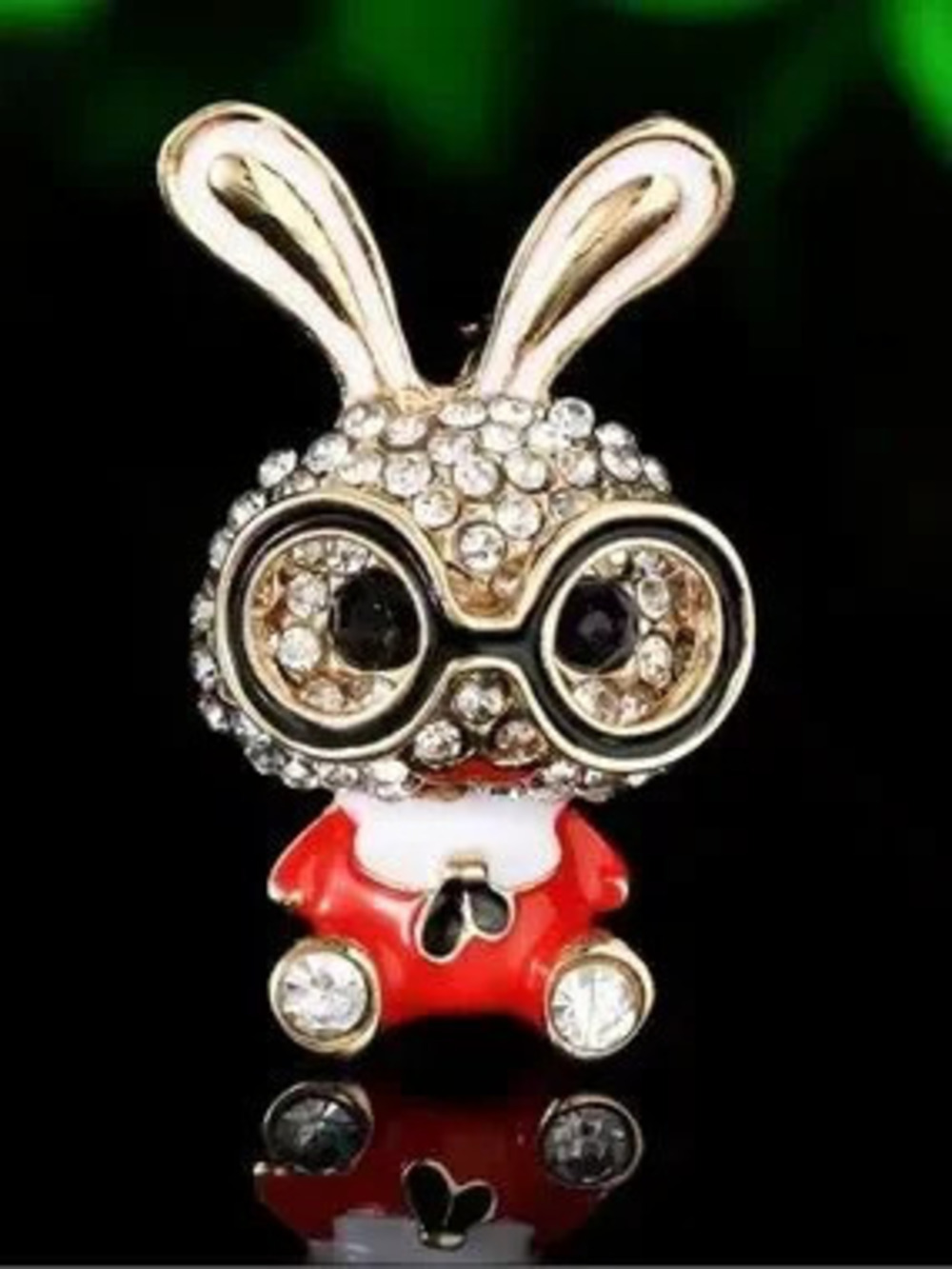 Cute Anthro Gold-Tone Bunny Brooch with Red Enamel and Clear Crystals